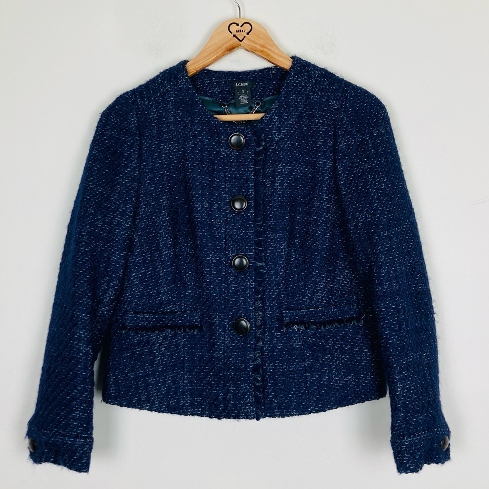 J. Crew navy blue tweed round neck button front lady jacket with frayed edges. 2 - Picture 3 of 8
